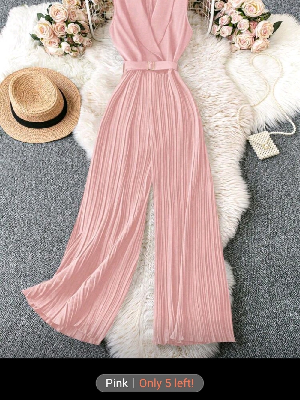 SHEIN Blush Pink Pleated Wide-Leg Sleeveless Jumpsuit with Belt